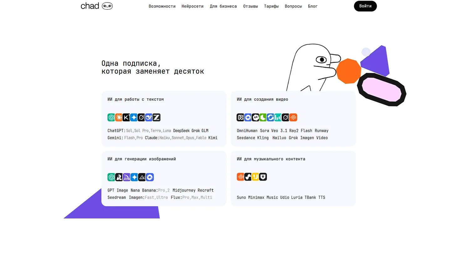 Блок «Одна подписка, которая заменяет десяток» в Chad AI: четыре карточки моделей по задачам — текст, видео, изображения, музыка