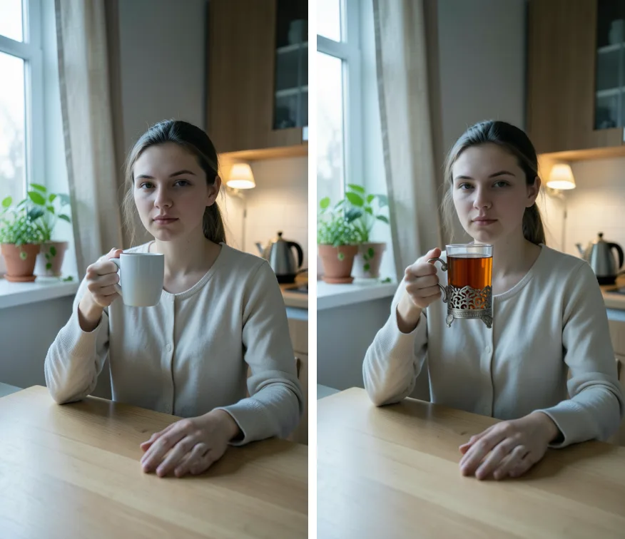 До и после правки в Qwen-Image-Edit: кружка заменена на чай в подстаканнике