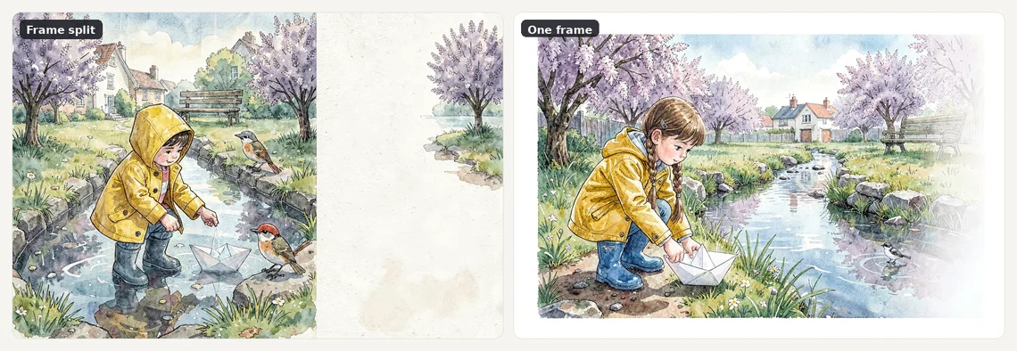 Two watercolour illustrations: one split into a collage, one continuous