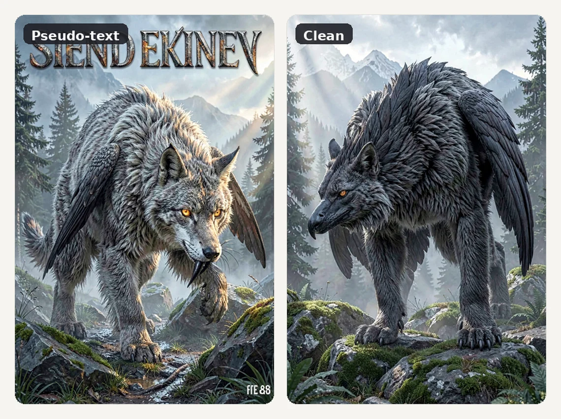 Two fantasy creature illustrations, one with invented lettering across the sky