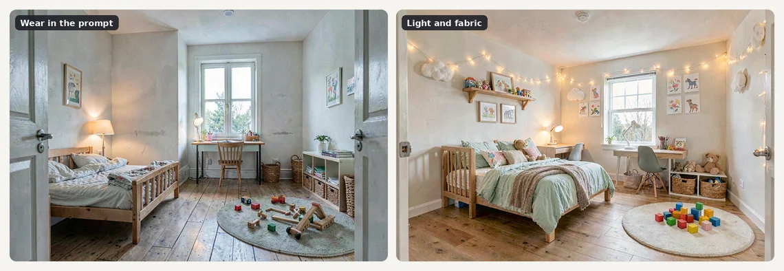 Two renders of the same child's room: worn textures versus warm light and fabric