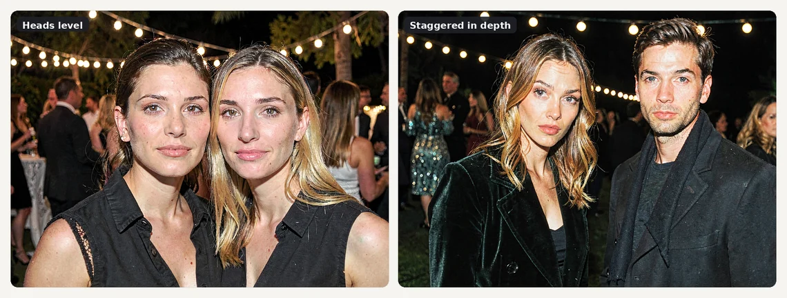 Two AI-generated party photos: two heads level and touching on the left, staggered in depth on the right