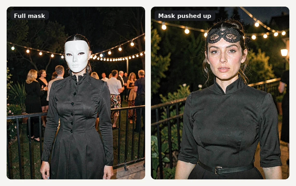 Two AI-generated party portraits: a full white mask on the left, a lace mask pushed up on the forehead on the right