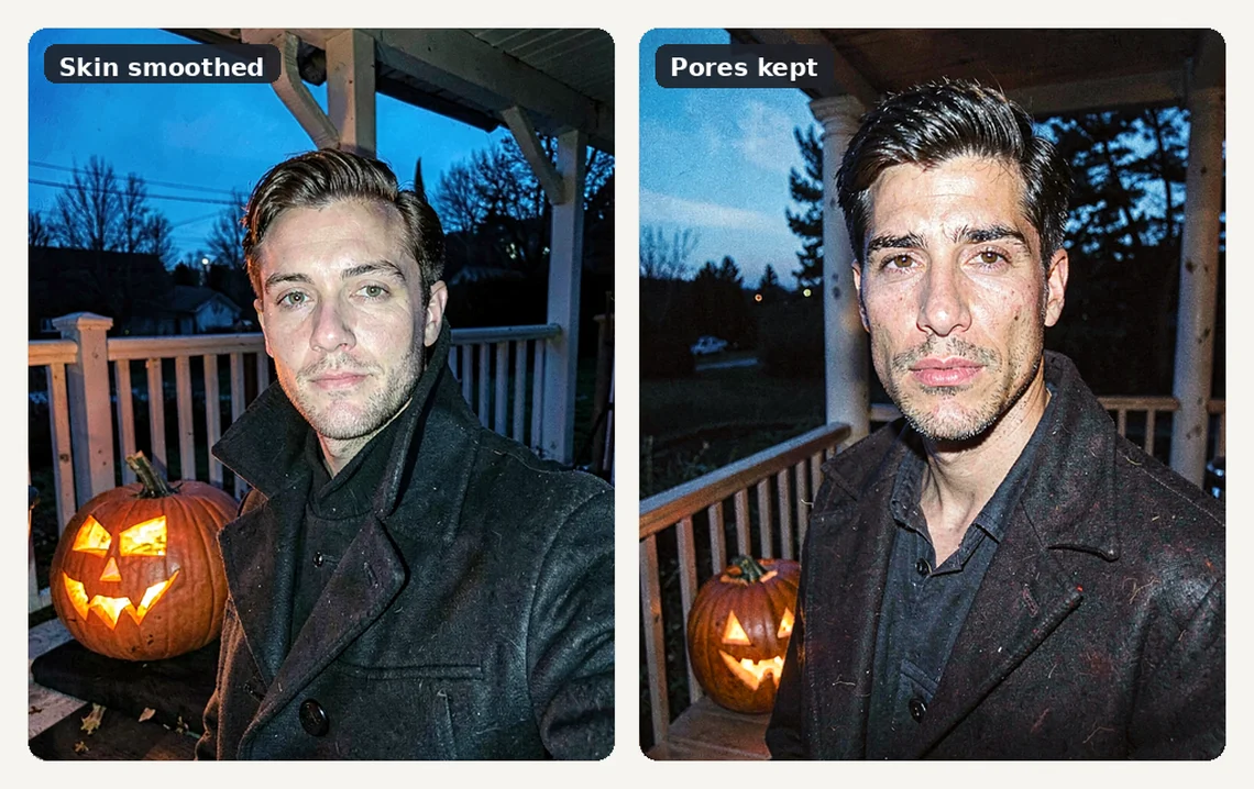 Two AI-generated porch portraits at dusk: smoothed skin on the left, pores and film grain on the right