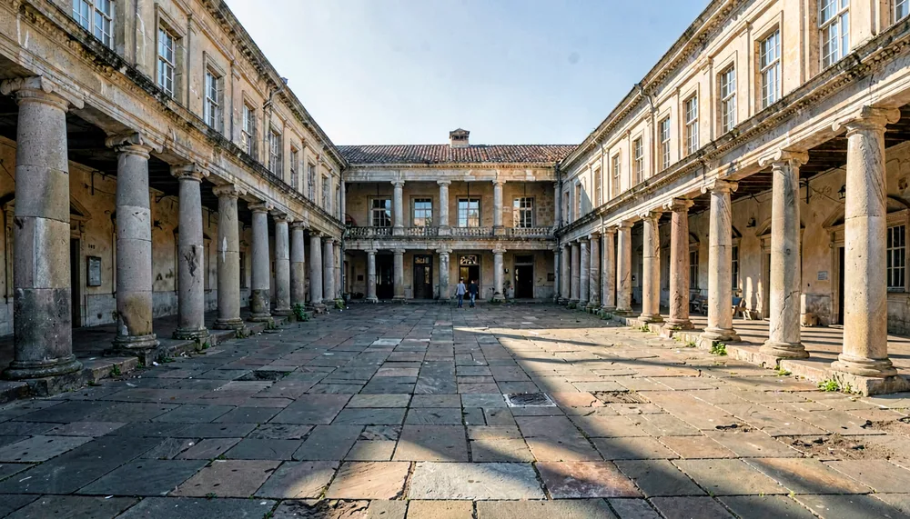Almost empty museum courtyard with long evening shadows in the last hour of opening