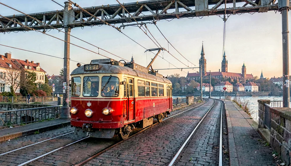 Vintage tram crossing a bridge with the old town skyline in evening light