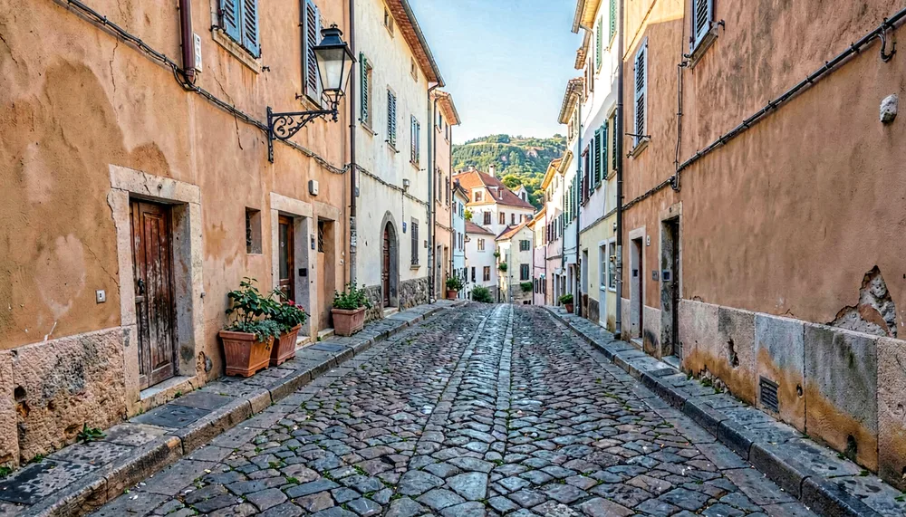 Пустая мощёная улица старого города ранним утром
