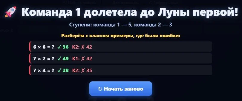 Конец игры для урока: команда 1 долетела до Луны, ниже список примеров с ошибками