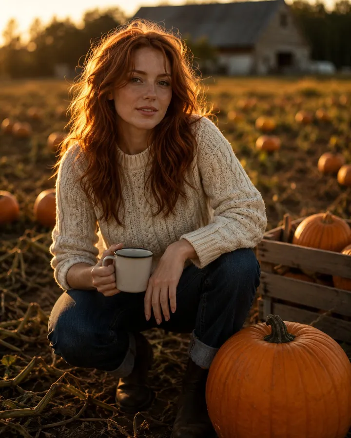 Autumn Pumpkin Field Portrait at Golden Hour From a Selfie