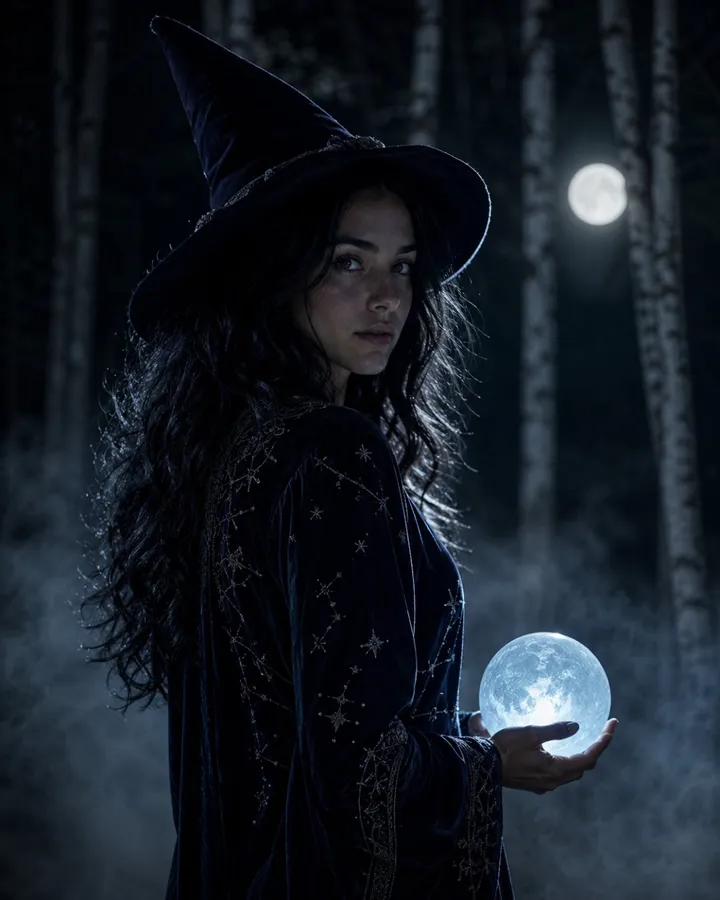 Celestial witch portrait from a selfie: moonlit forest, glass orb