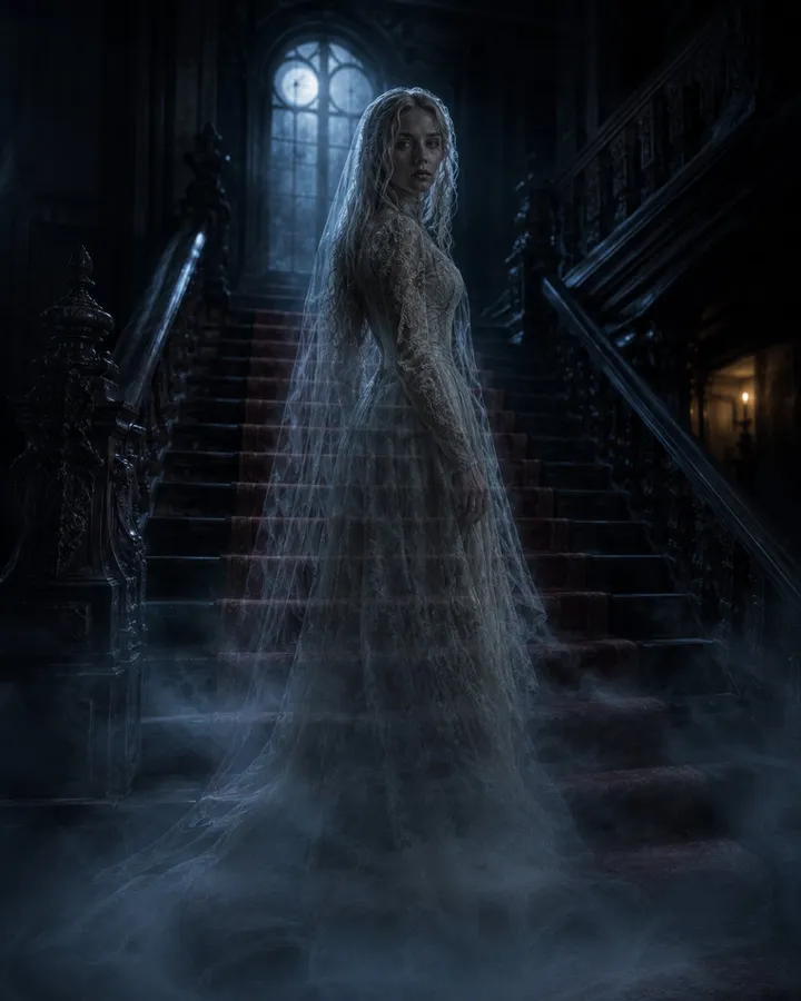 Turn a selfie into a Victorian ghost bride on a moonlit staircase