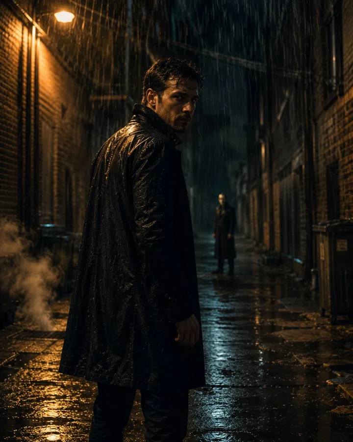 Halloween thriller still from a selfie: rainy alley, one lamp