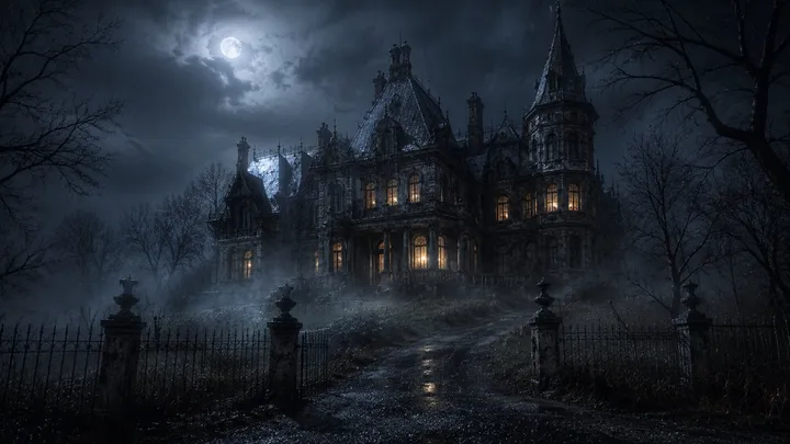 Gothic haunted house at night: fog, moonlight, warm windows