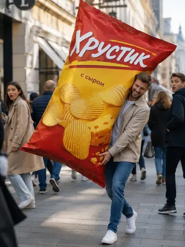 Рекламный кадр: человек несёт гигантский товар — ChatGPT