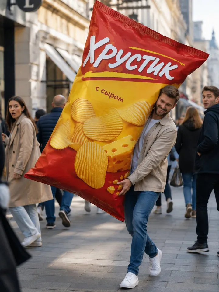После — Рекламный кадр: человек несёт гигантский товар — ChatGPT