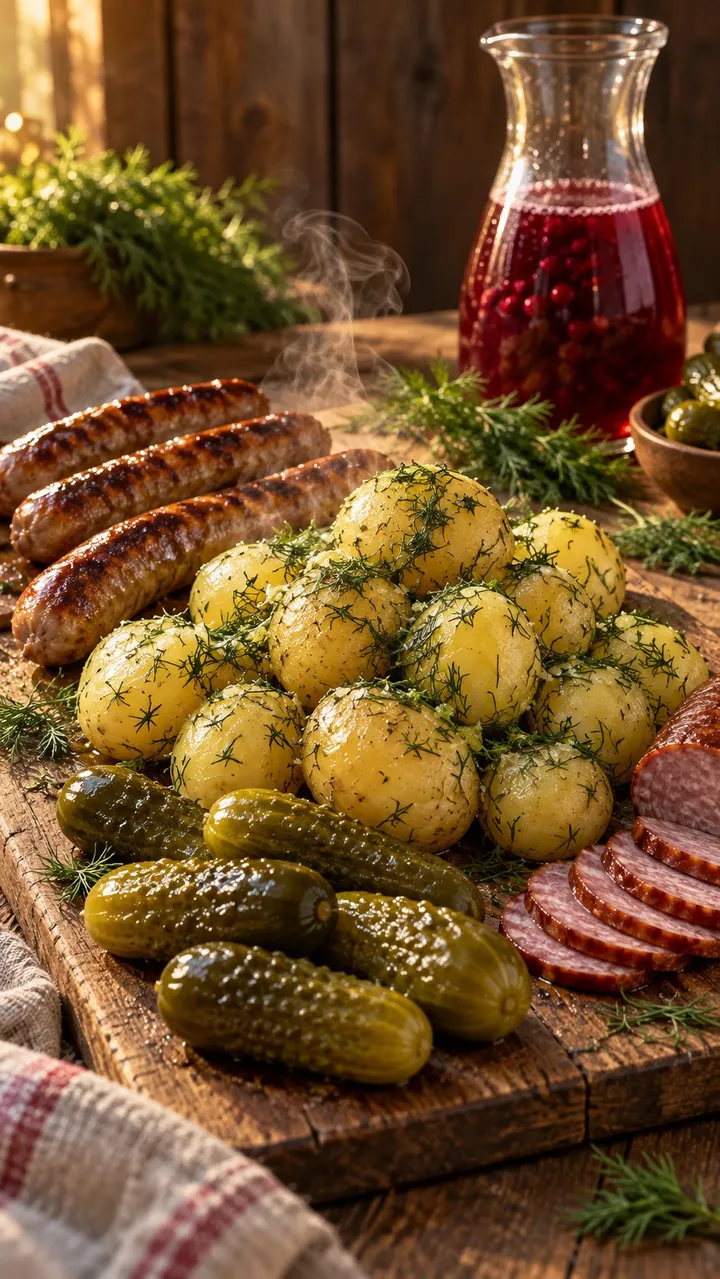 После — Деревенский стол: картошка, соленья и колбаски по фото