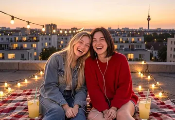 Две подруги на крыше на закате по фото