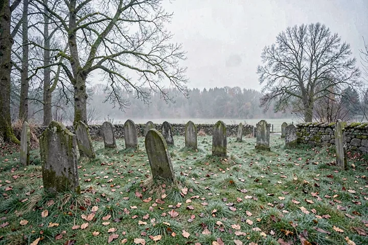 Foggy graveyard at first light: leaning stones, bare trees, no figures — example output