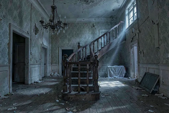 Haunted mansion interior: staircase hall, dust, one shaft of moonlight — example output