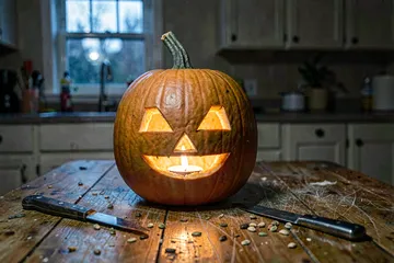Jack-o-lantern still life by candlelight, no people