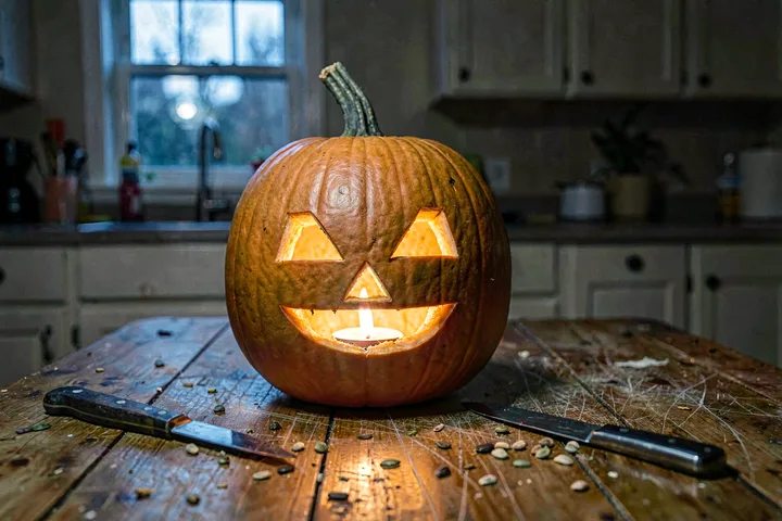 Jack-o-lantern still life by candlelight, no people — example output