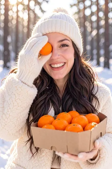 Новогодняя фотосессия девушки с мандаринами