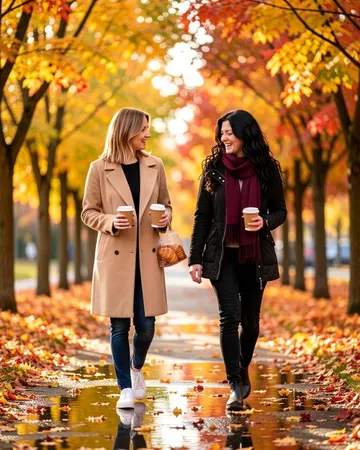 Подруги в осеннем парке с кофе по фото
