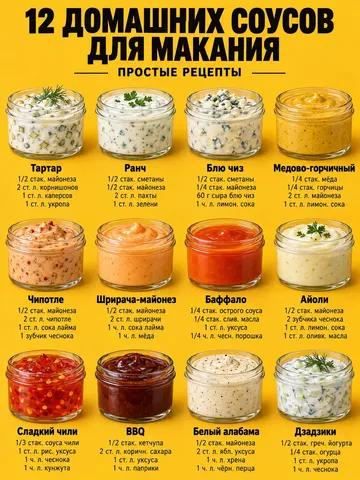 Постер «12 соусов» с рецептами под каждой баночкой
