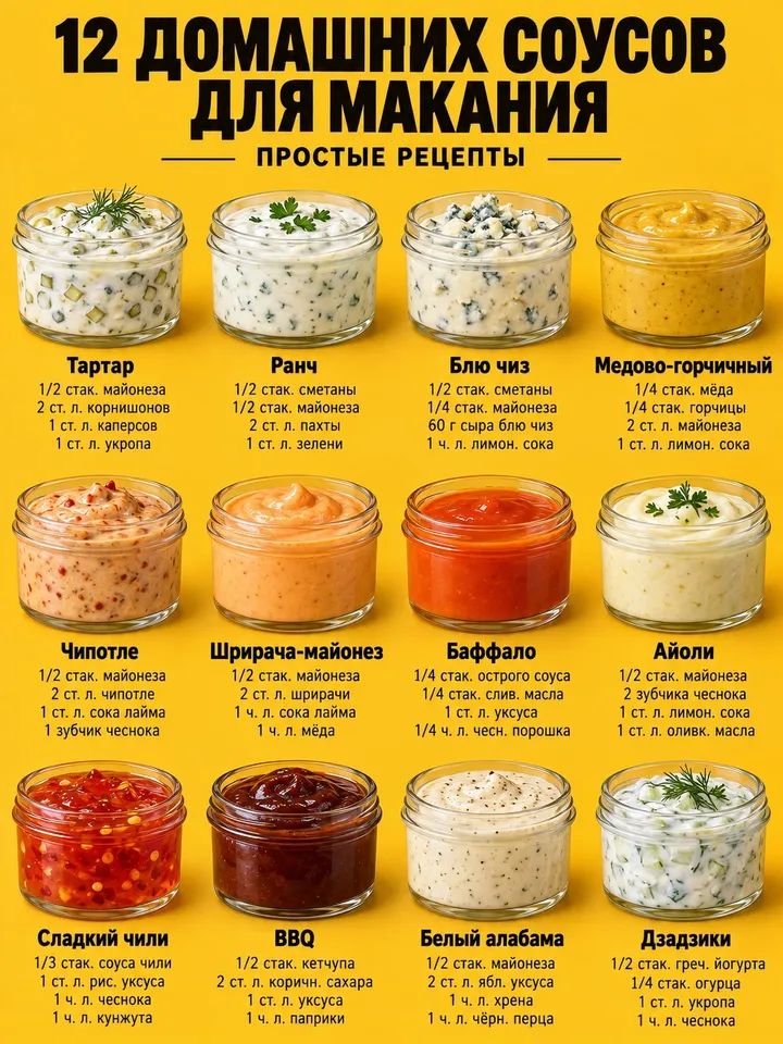 Постер «12 соусов» с рецептами под каждой баночкой