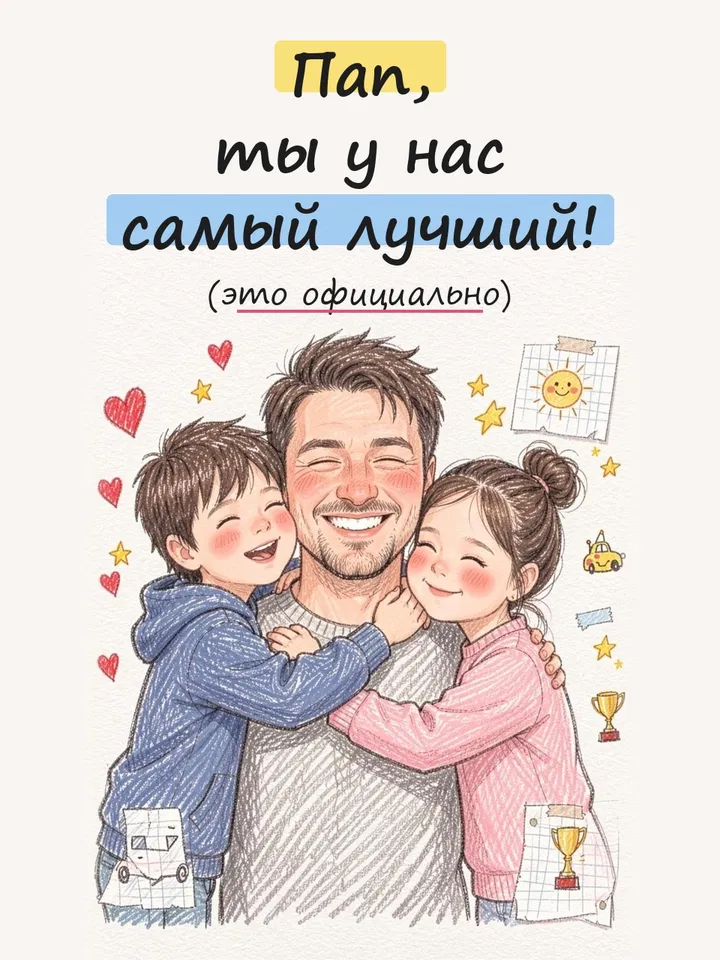 После — Рисованная открытка папе от детей: «Пап, ты самый лучший»
