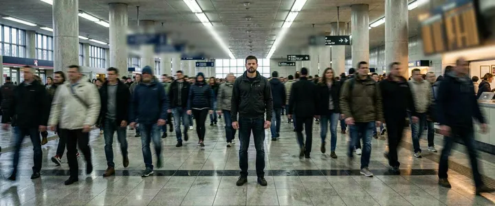 Спокойствие среди хаоса: кинокадр с одной неподвижной фигурой — ChatGPT