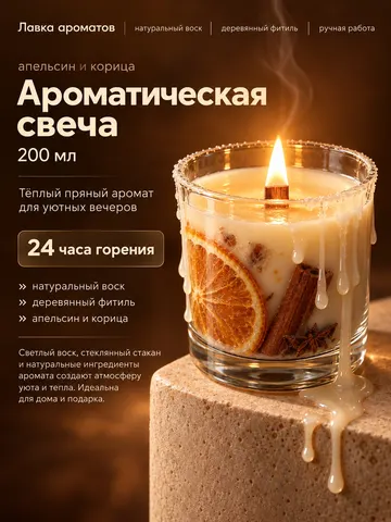 Ароматическая свеча с подтёками воска: премиальная карточка по фото