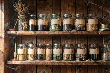 Witch apothecary shelf: jars, herbs, candle stubs