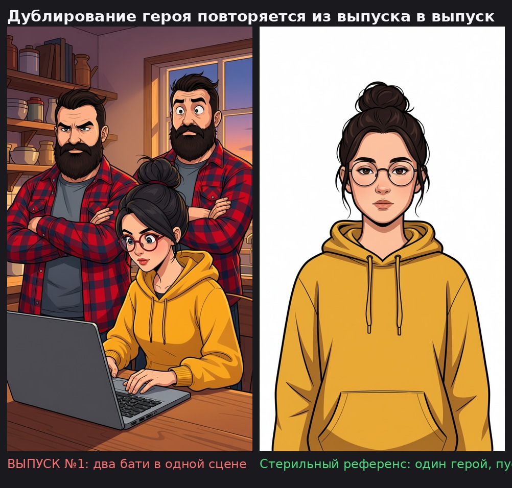 Продублированный персонаж в кадре предыдущего выпуска и опорное изображение героя