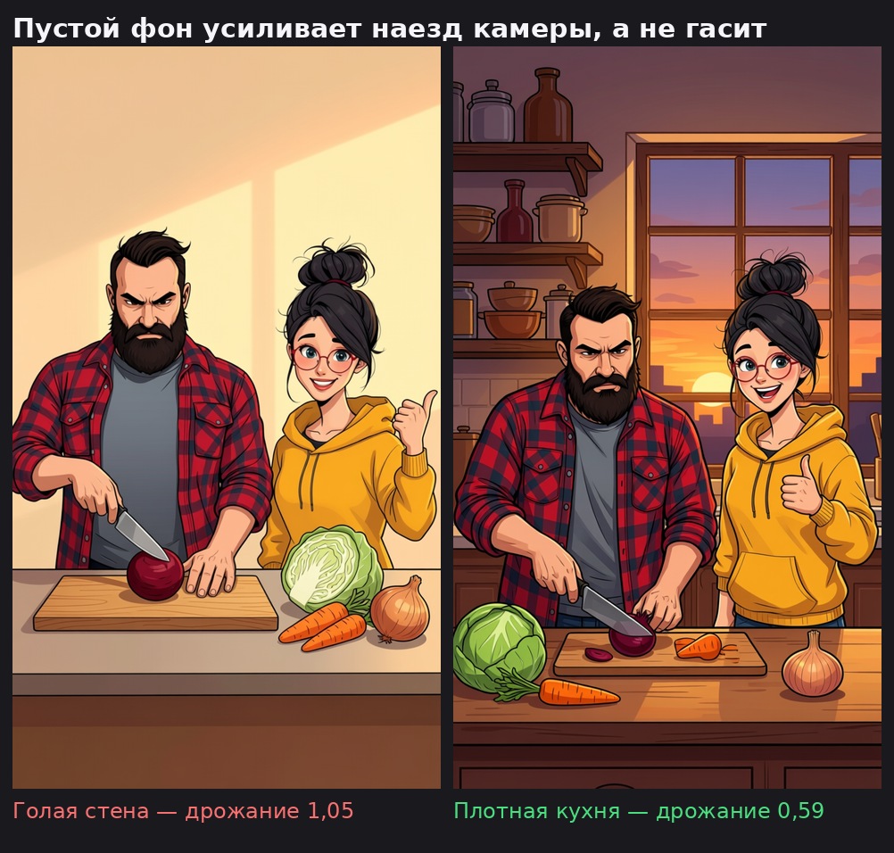 Кадр на голой стене с дрожанием 1,05 и он же в плотной кухне с дрожанием 0,59