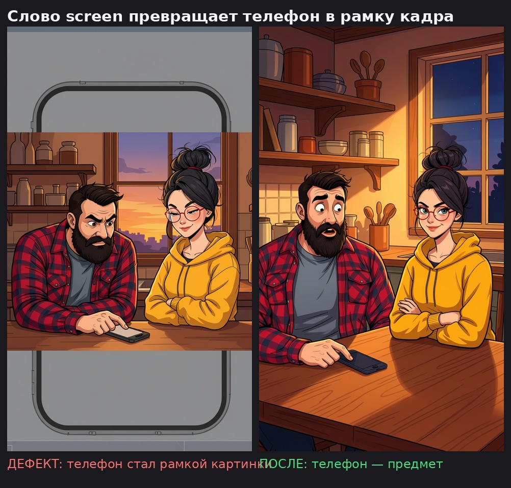 Сцена целиком помещена внутрь нарисованного смартфона и тот же кадр с телефоном-предметом